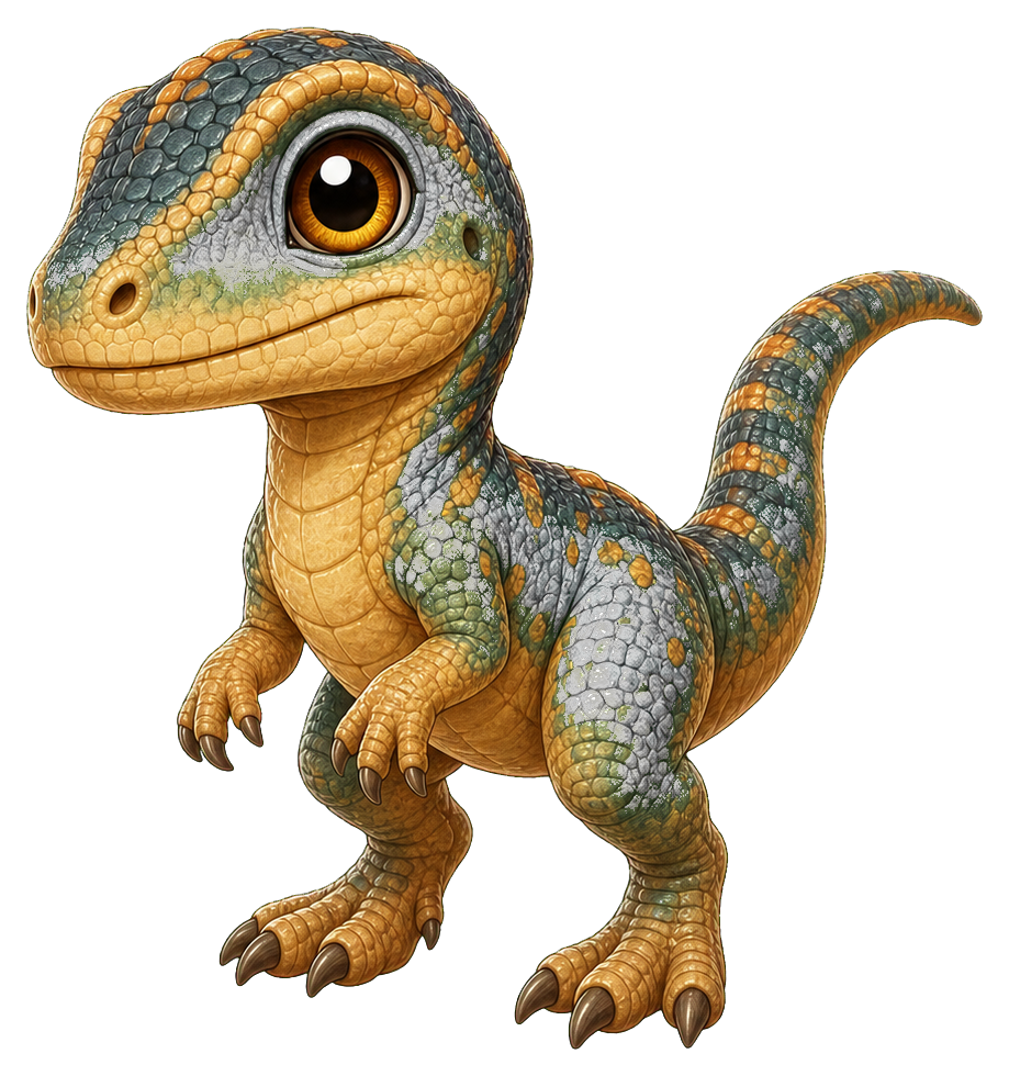 Tiny cartoon dinosaur lizard sticker with green scales and orange accents