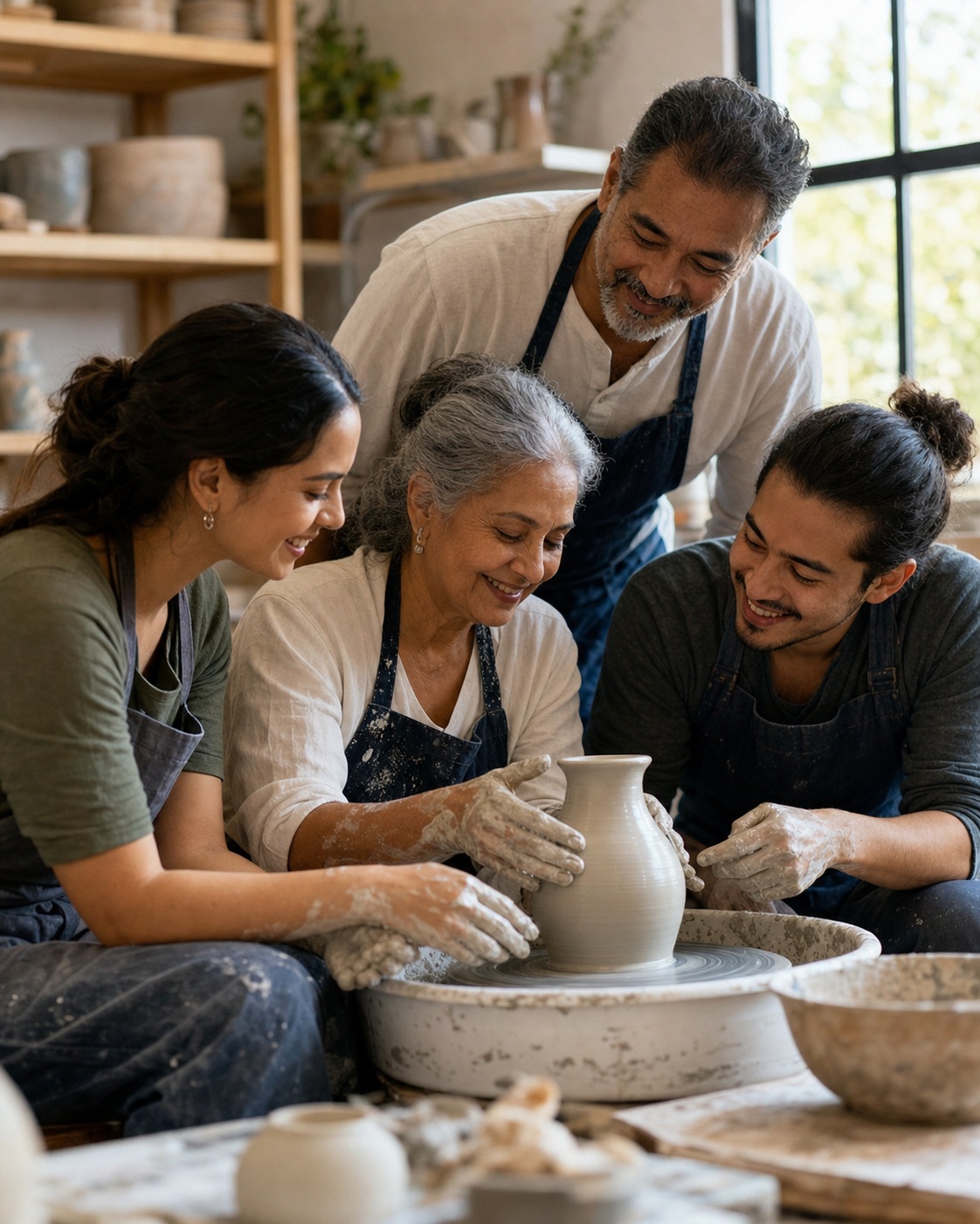 A multigenerational family shaping a clay pot in a pottery studio
