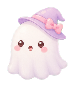 Cute shy ghost with pink cheeks wearing a lavender hat and bow.
