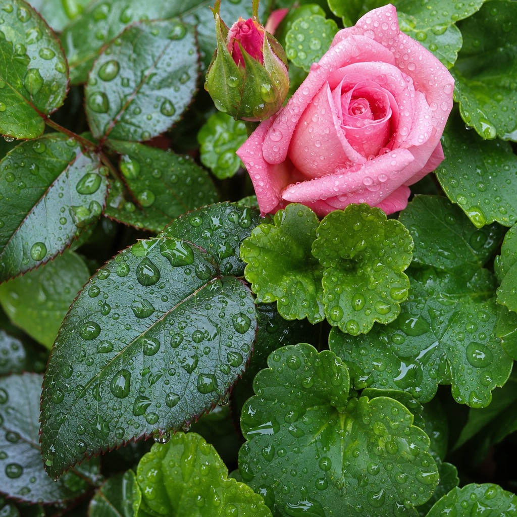 Preview for Rain-dropped Rose And Garden Leaves Background