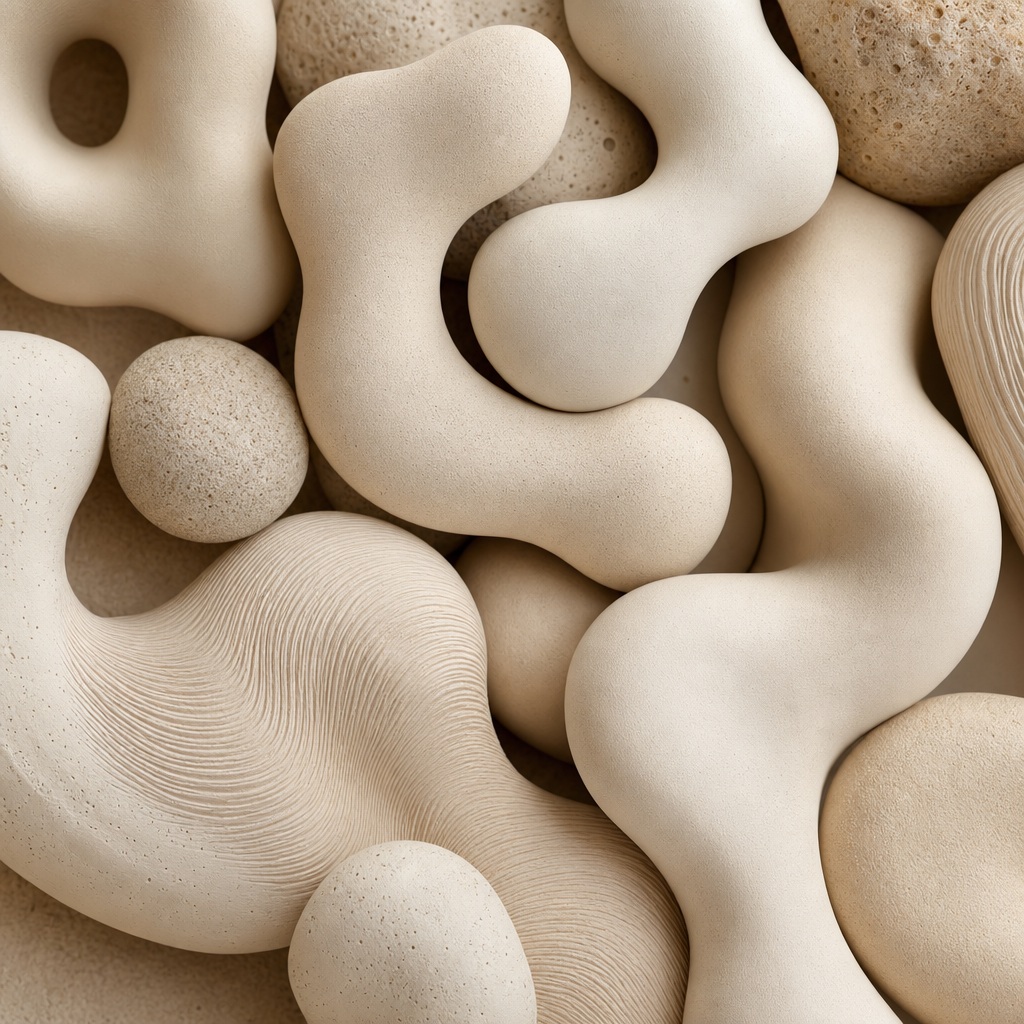 Abstract cream clay blobs with soft sculptural shapes and handmade texture