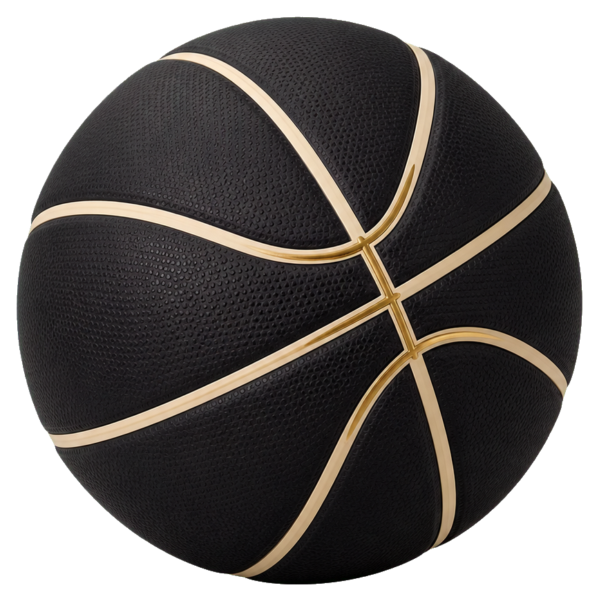 Black basketball with cream colored curved seams on a plain background