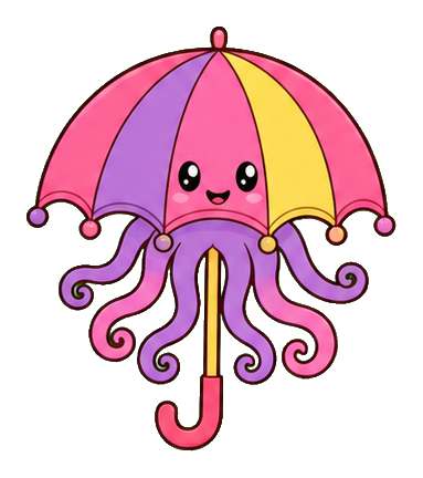 Pink cartoon jellyfish holding a yellow and pink umbrella with dangling tentacles.