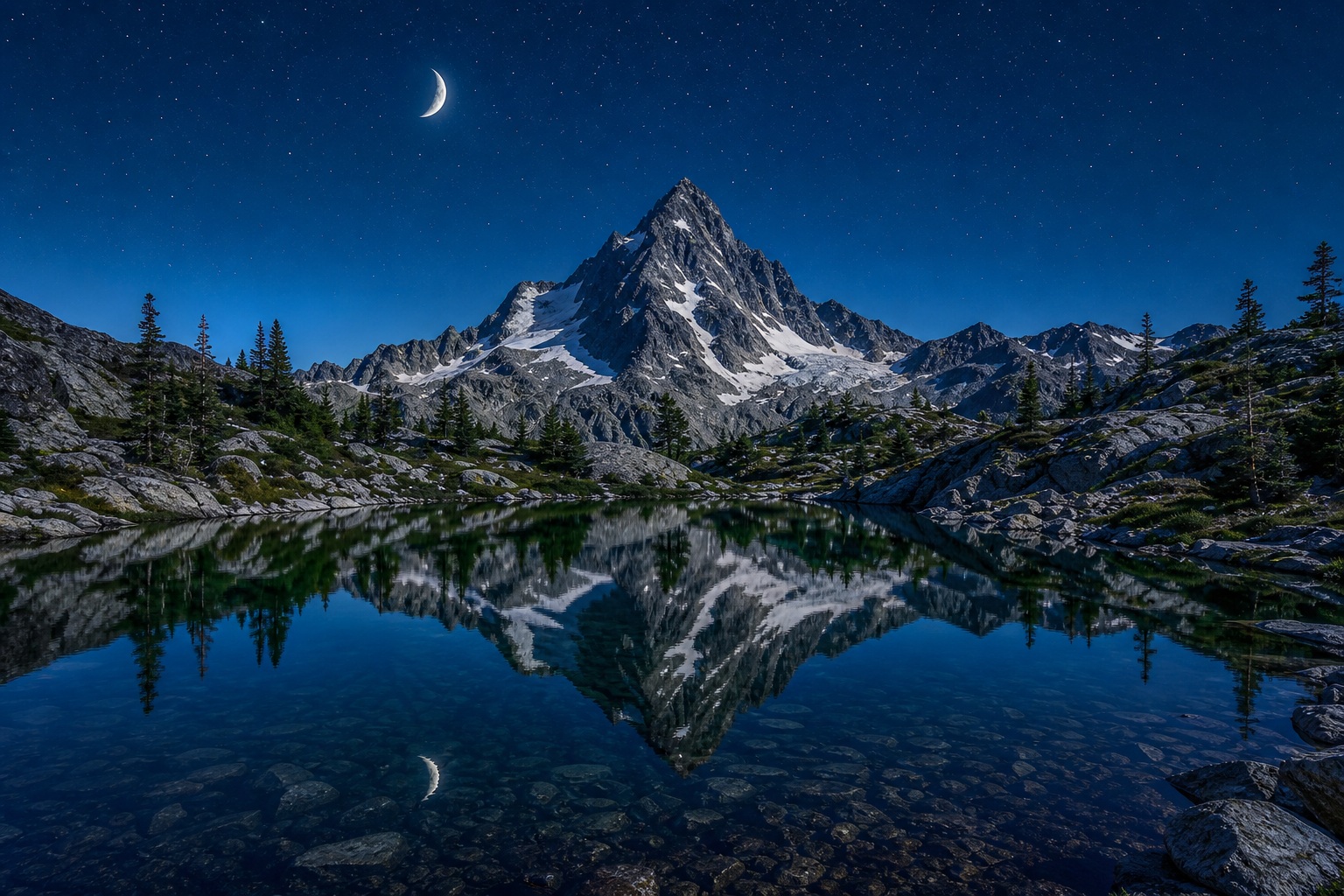 Preview for Moonlit Alpine Tarn Reflection Background