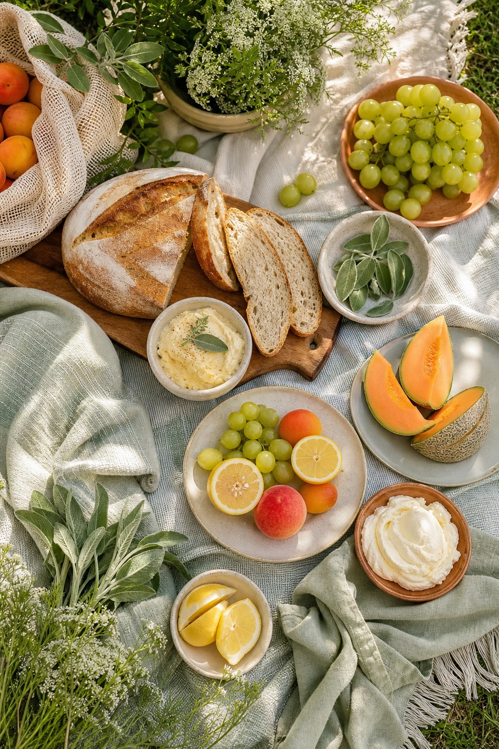 Preview for Sage Cotton Fruit And Bread Picnic Background