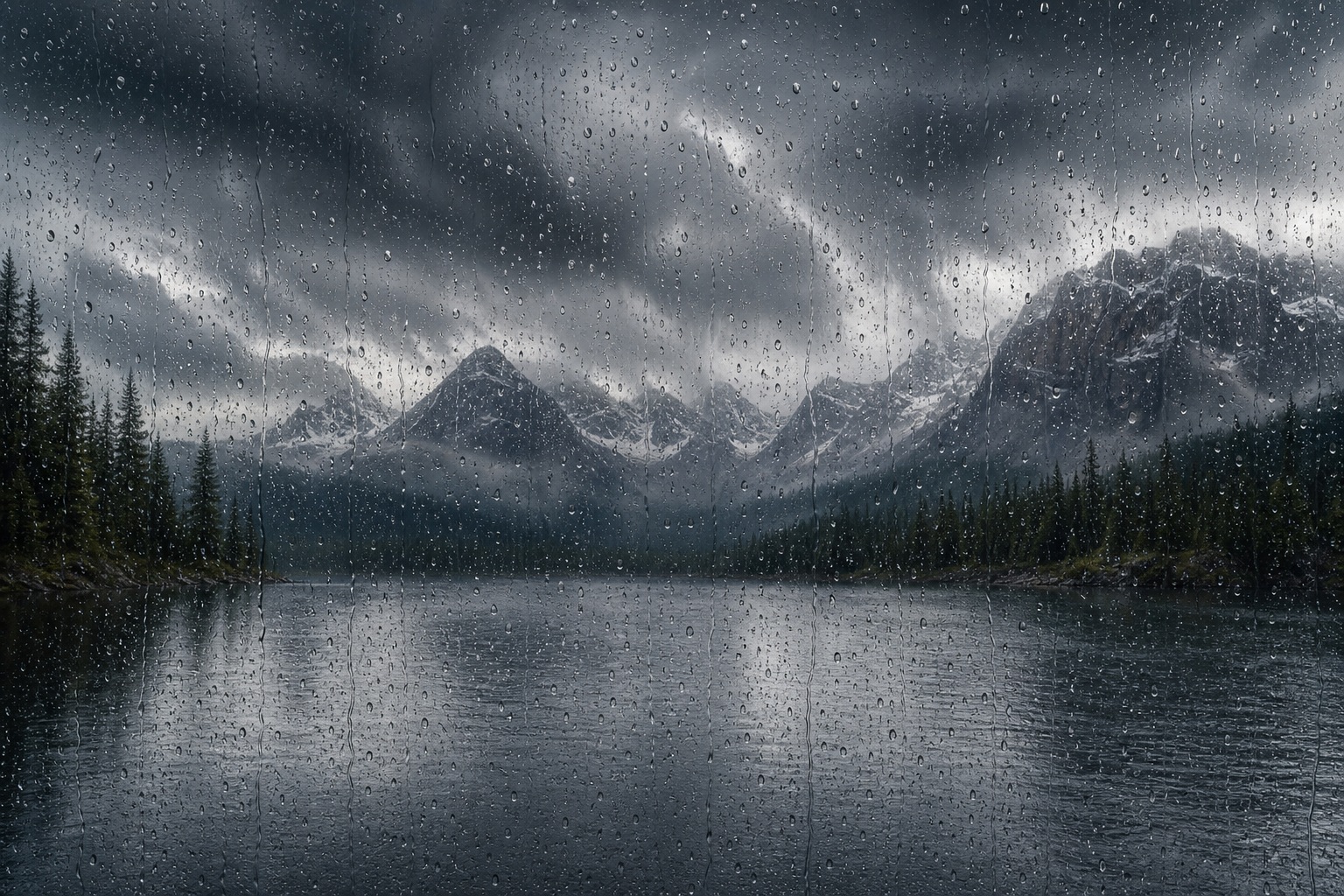 Rain falling over a misty mountain lake with dark pine trees and cloudy peaks