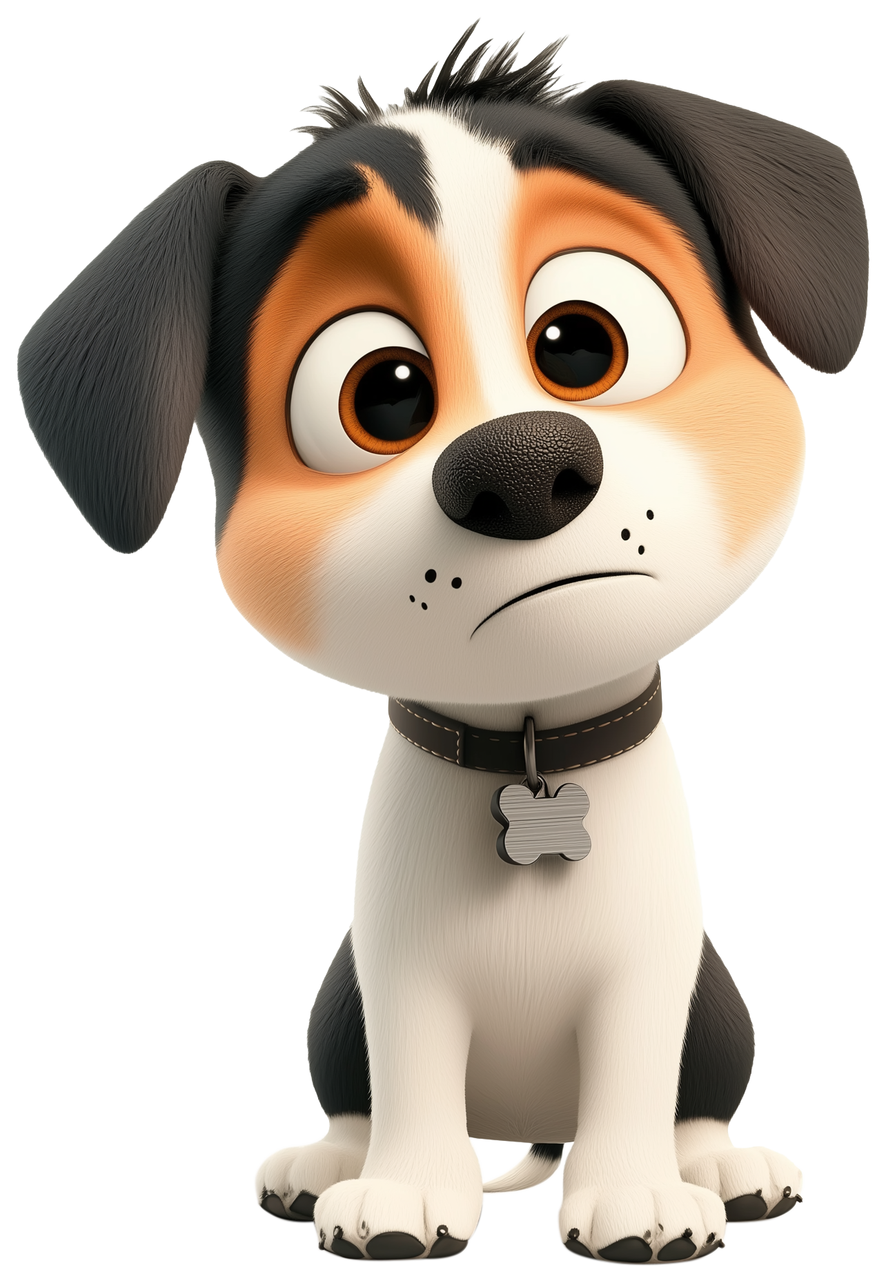 Cute 3D cartoon puppy sitting with floppy ears and a small collar tag.