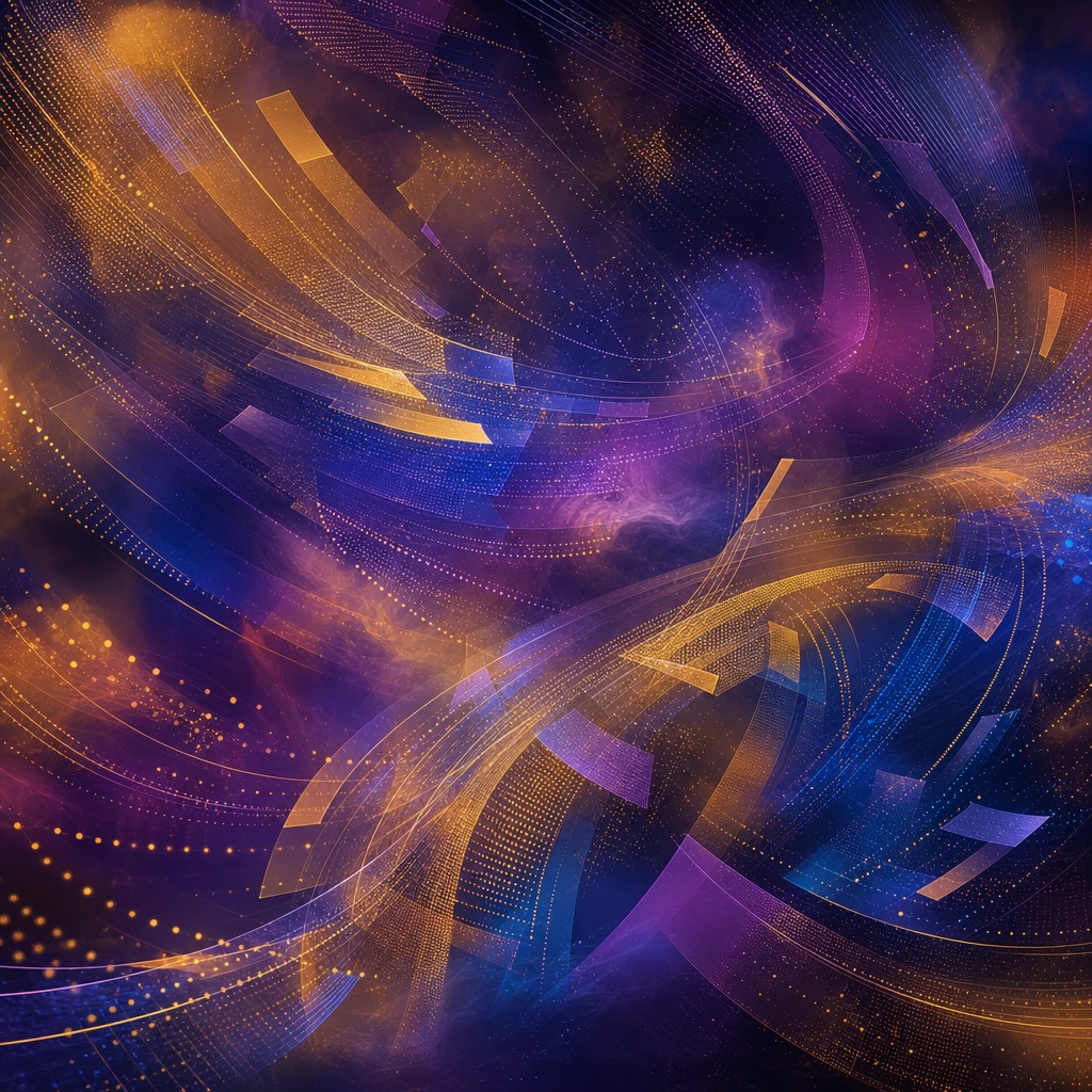 Gold and indigo abstract background with glowing orbital arcs and dotted light trails