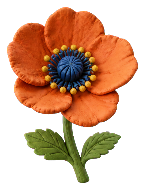 Orange clay poppy flower with green leaves and a dark blue center