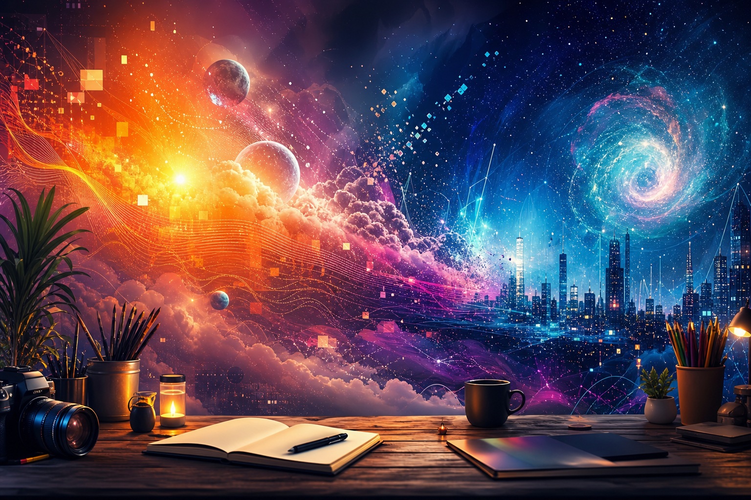 Colorful cosmic city skyline with glowing planets, desk, and notebook in the foreground