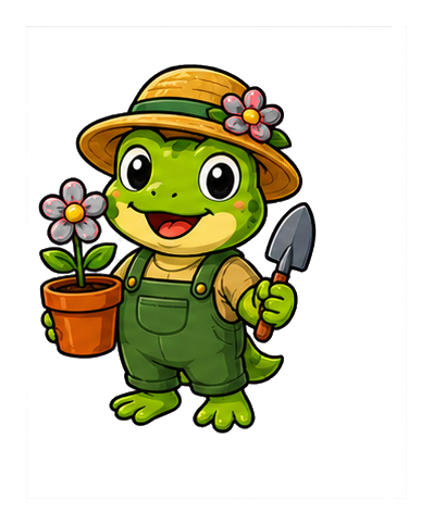 Cute cartoon frog in overalls and a straw hat holding a trowel beside a potted flower