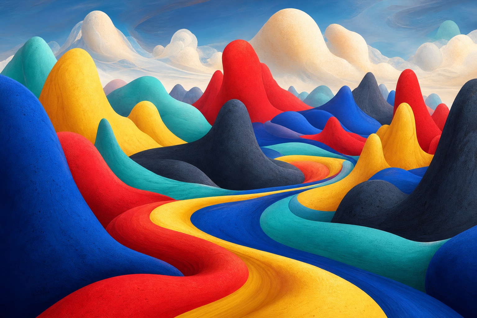 Colorful inflated mountain shapes in a surreal dreamlike landscape with bold primary tones.