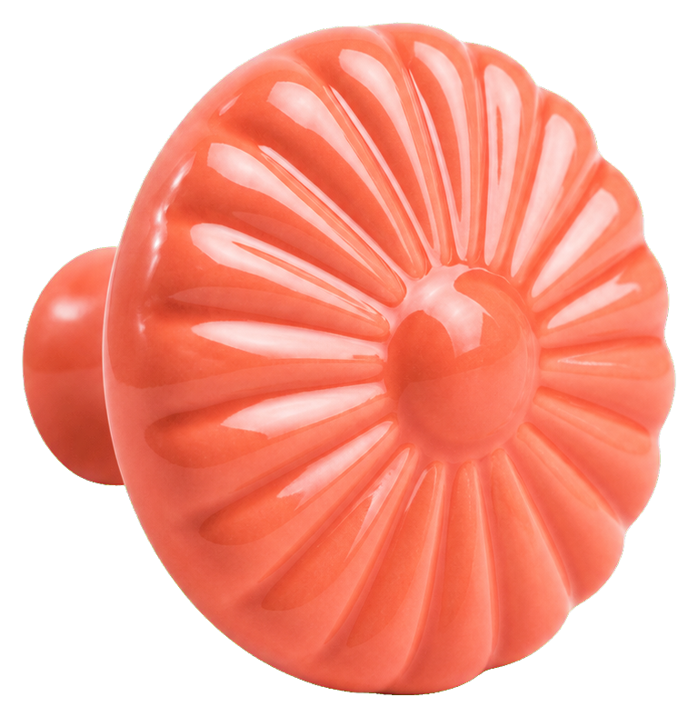 Coral ceramic drawer knob with a ridged round shape and glossy finish
