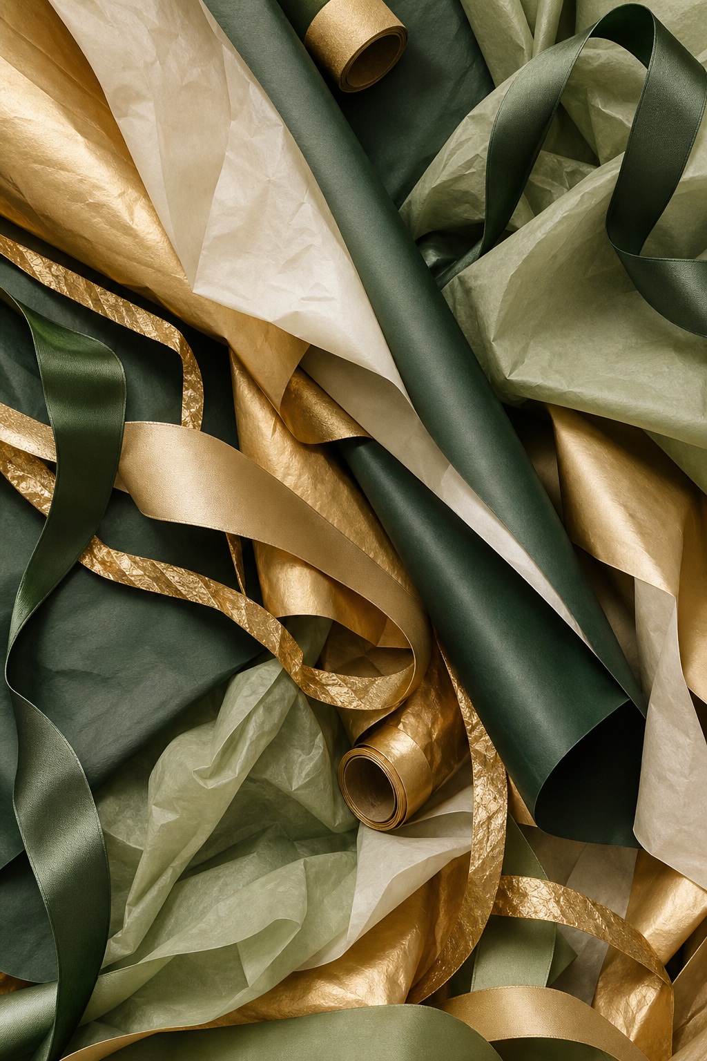 Forest green and gold overlapping paper folds with ribbon-like wrapping texture