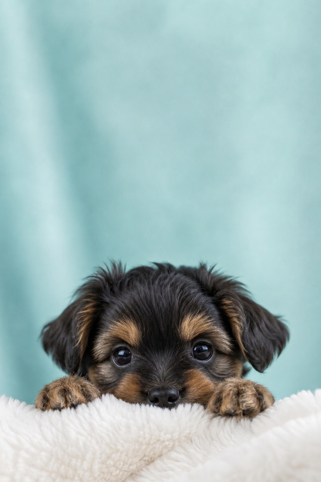 A small puppy peeks over a fluffy white blanket against a soft blue background.