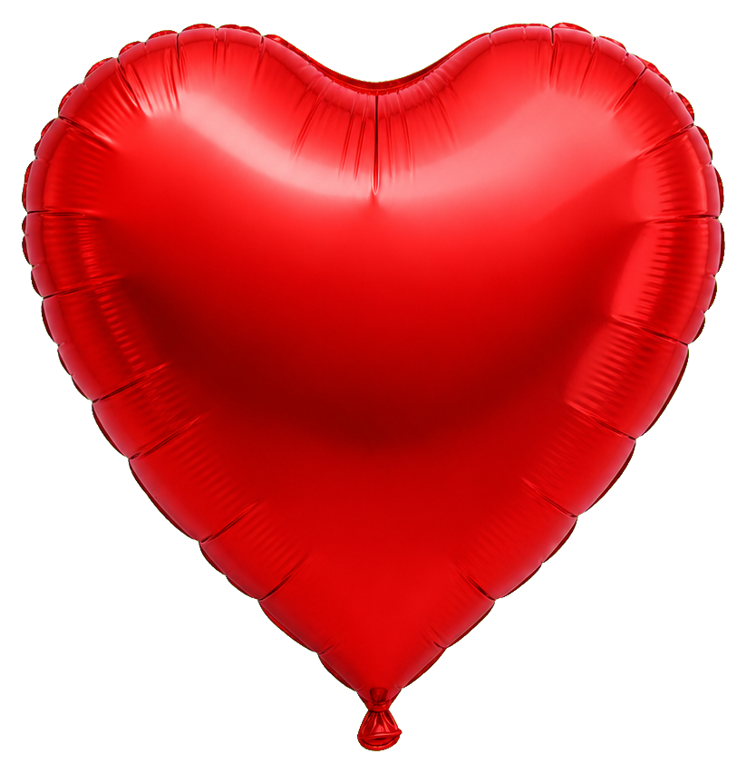 Shiny red heart-shaped balloon with a small tied knot at the bottom