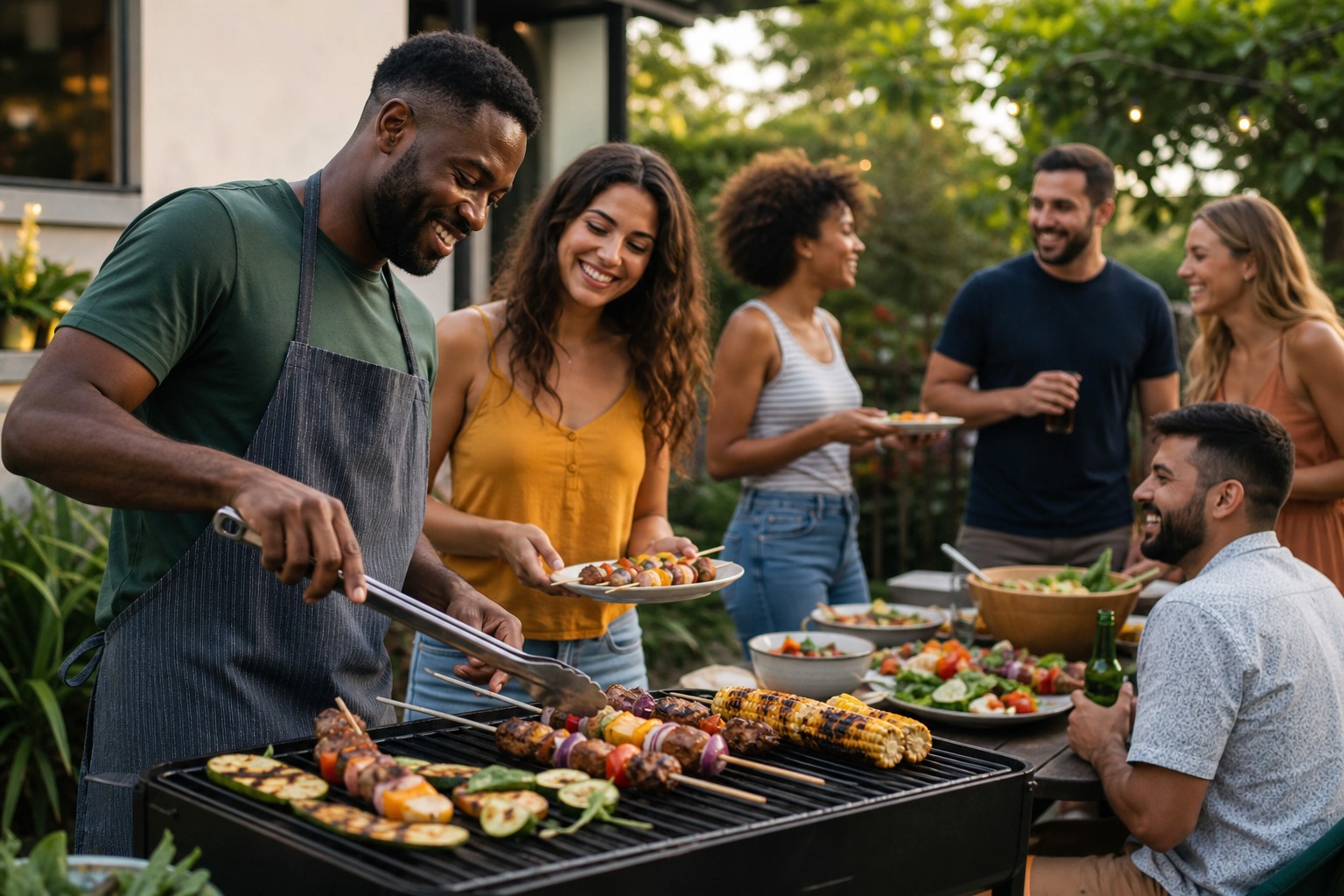 Friends gathered outdoors around a grill during a casual dinner party.
