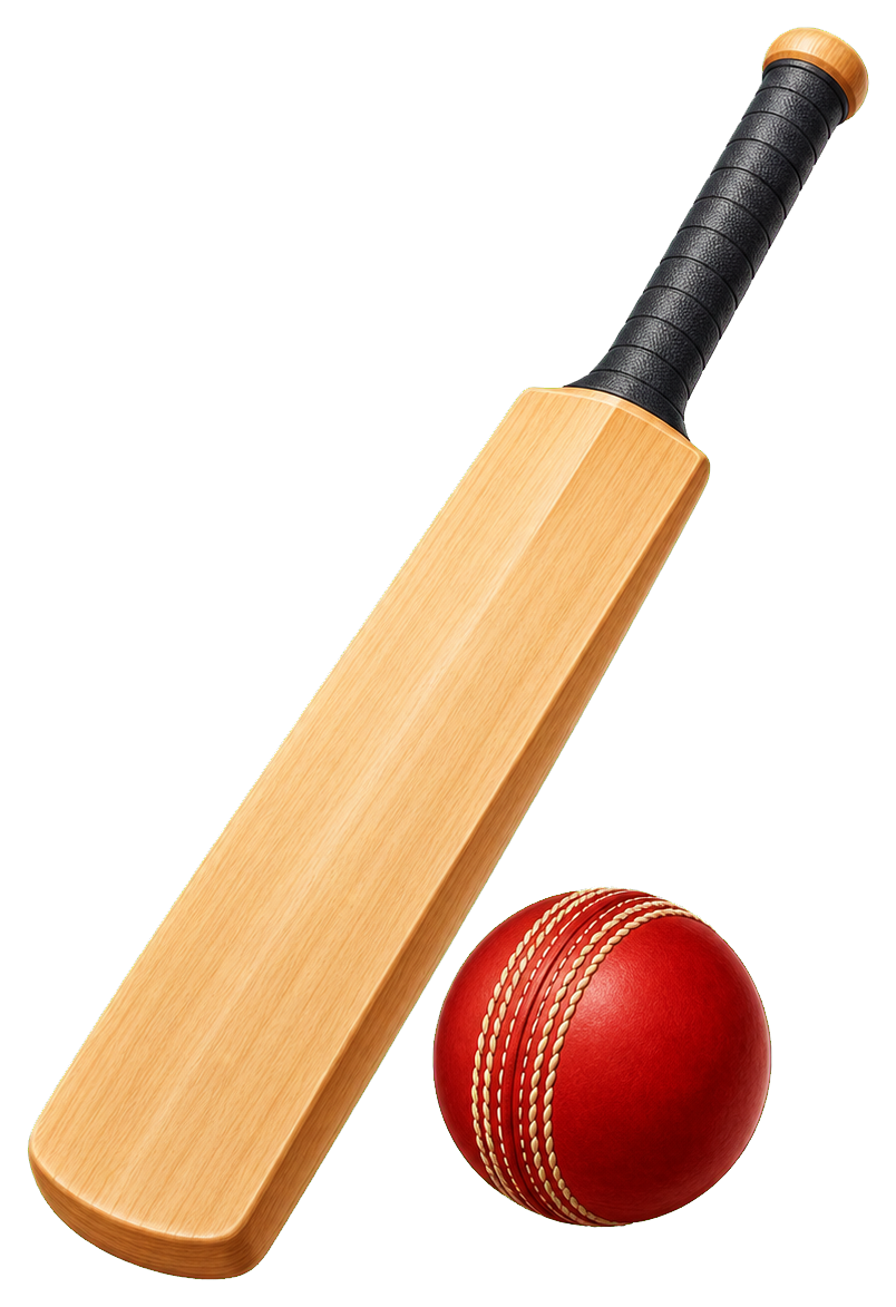 A wooden cricket bat leaning beside a red cricket ball.