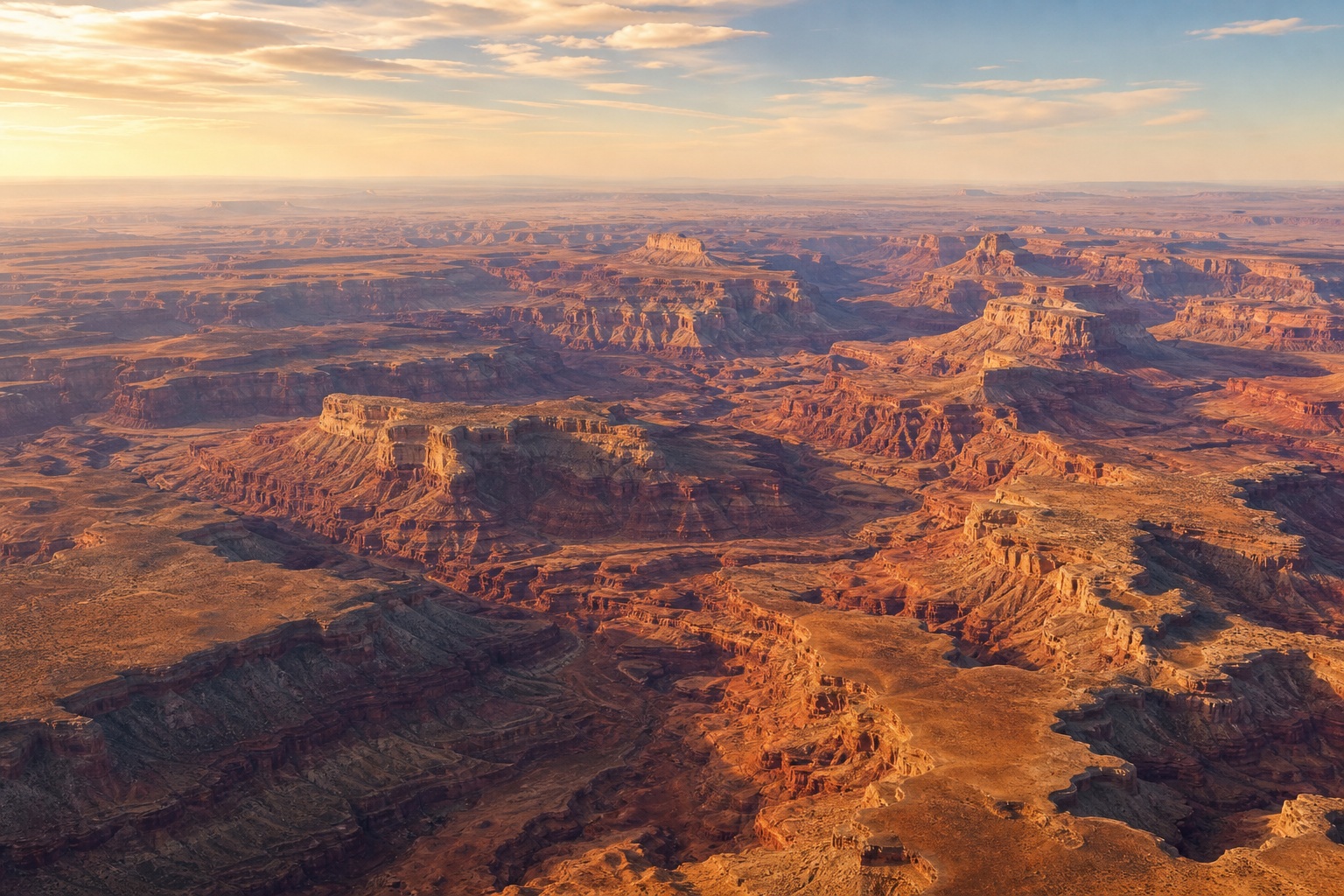 Aerial view of the Grand Canyon with mesas, ravines, and warm sunrise light.