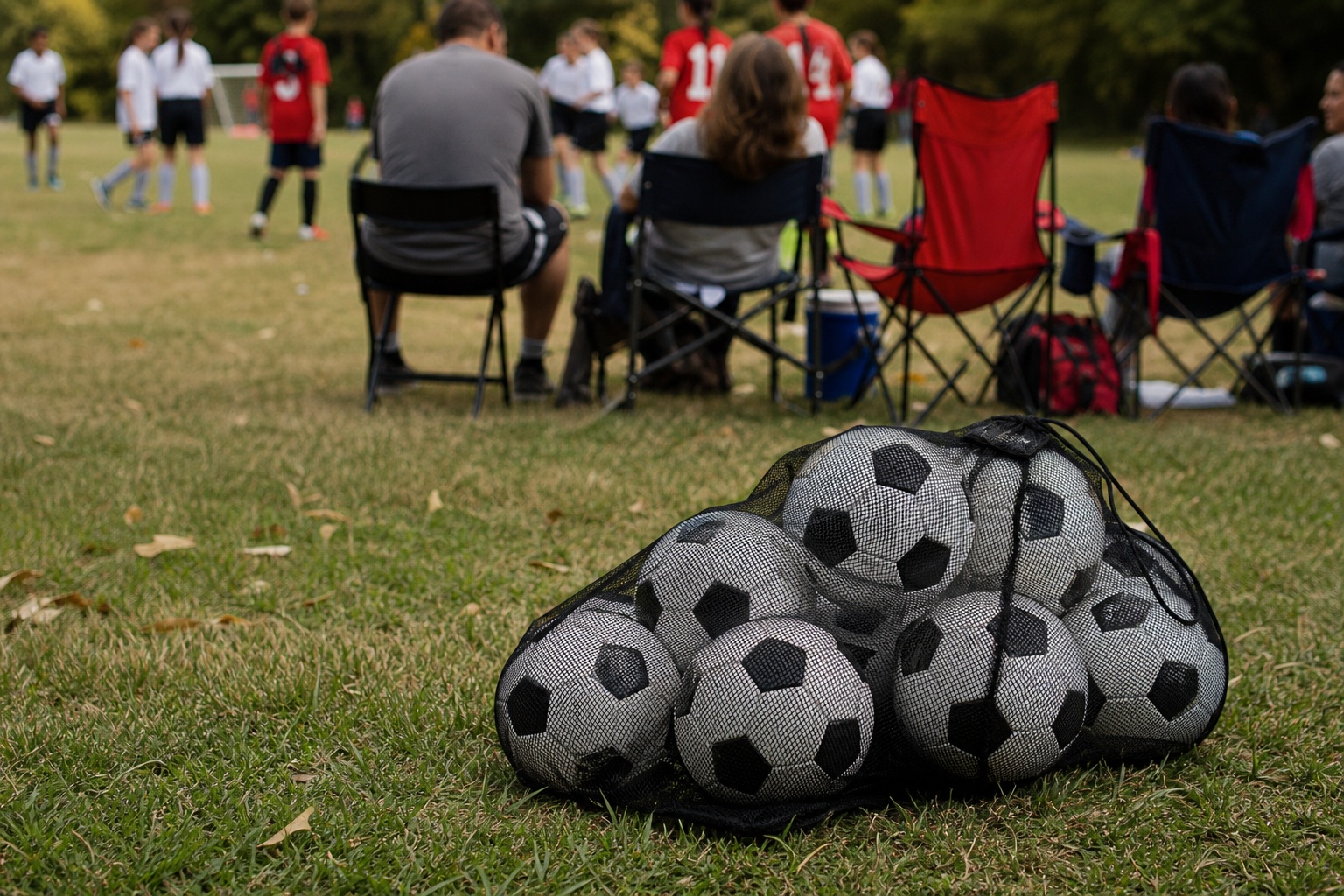 Soccer balls in a mesh bag on grass with seated spectators along the sideline