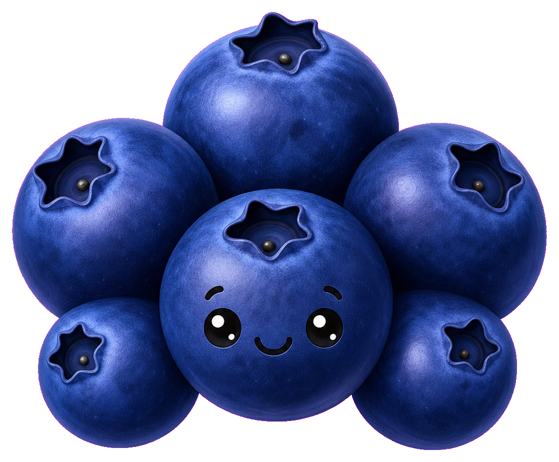 Cute blueberry cluster with a smiling blueberry in the center