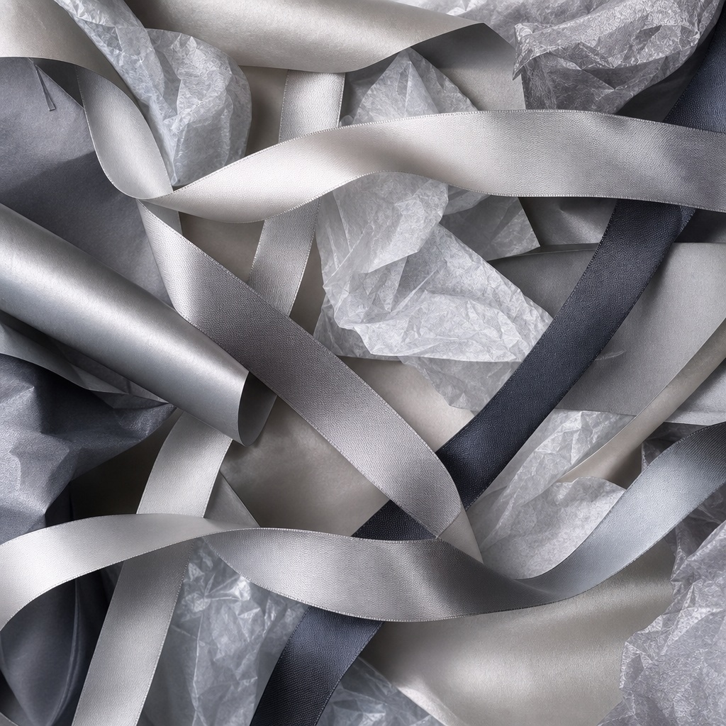Abstract monochrome silver ribbons layered over folded wrapping paper texture.