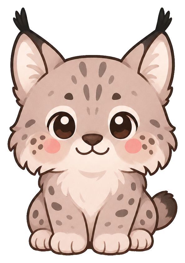 Cute pastel lynx sitting with big eyes, spotted fur, and rosy cheeks.