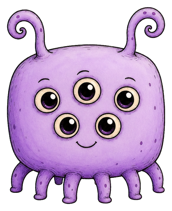 Cute purple five-eyed alien with curled antennae and small legs