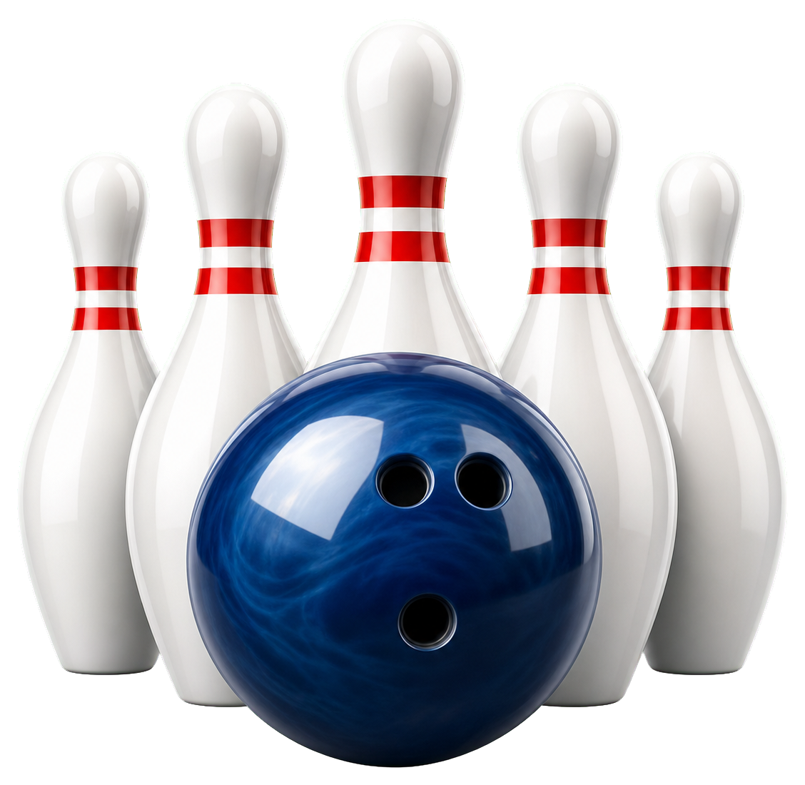 Blue bowling ball in front of a set of white bowling pins