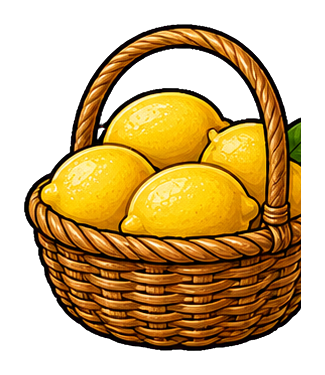 A woven basket filled with bright yellow lemons on a transparent background.