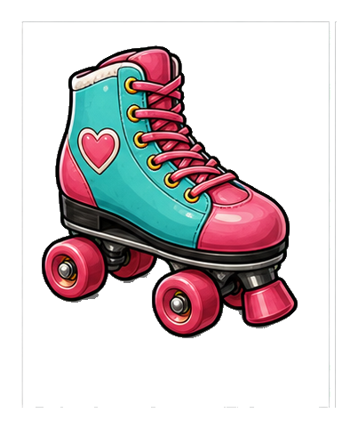 Colorful pink and teal roller skate with heart detail and four wheels.