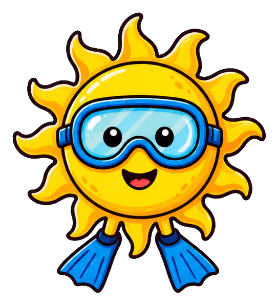 A smiling sun wearing blue scuba goggles and fins.