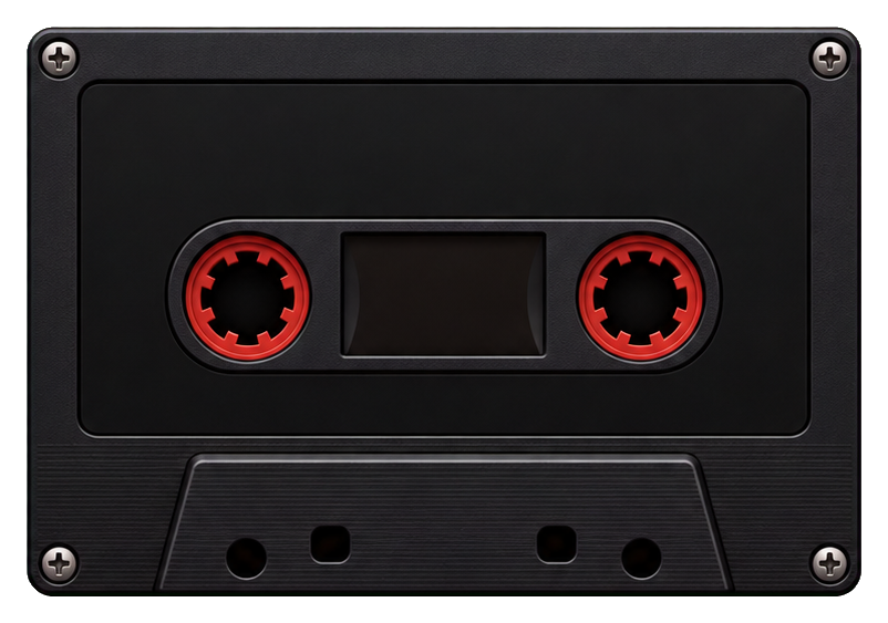 Black blank audio cassette with red reels and visible screw details