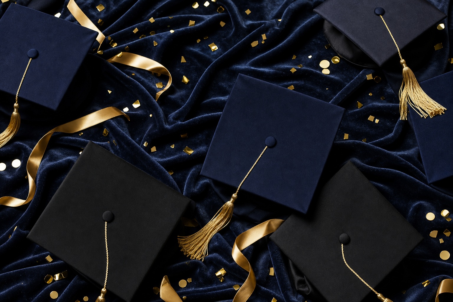 Graduation caps arranged on dark velvet with gold confetti, ribbons, and tassels