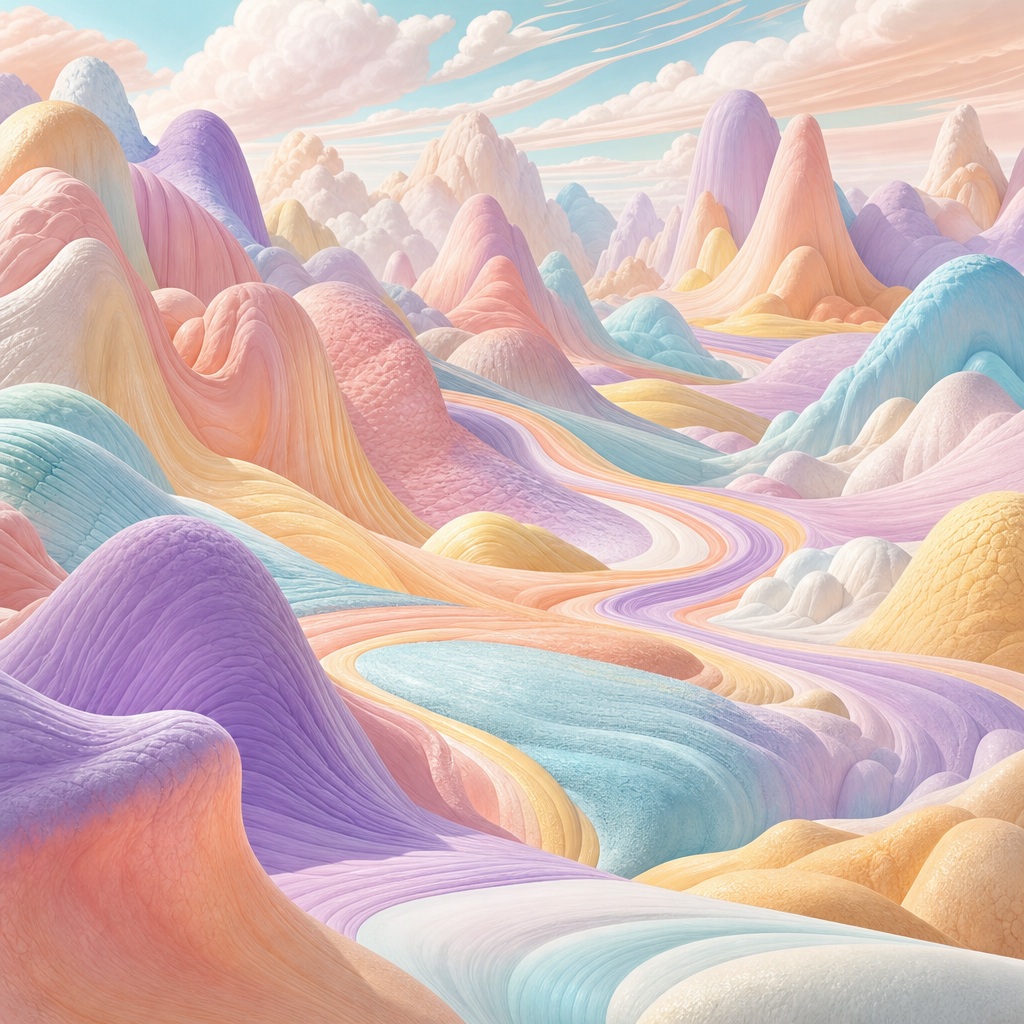 Pastel surreal mountain ranges with flowing valleys and dreamy clouds
