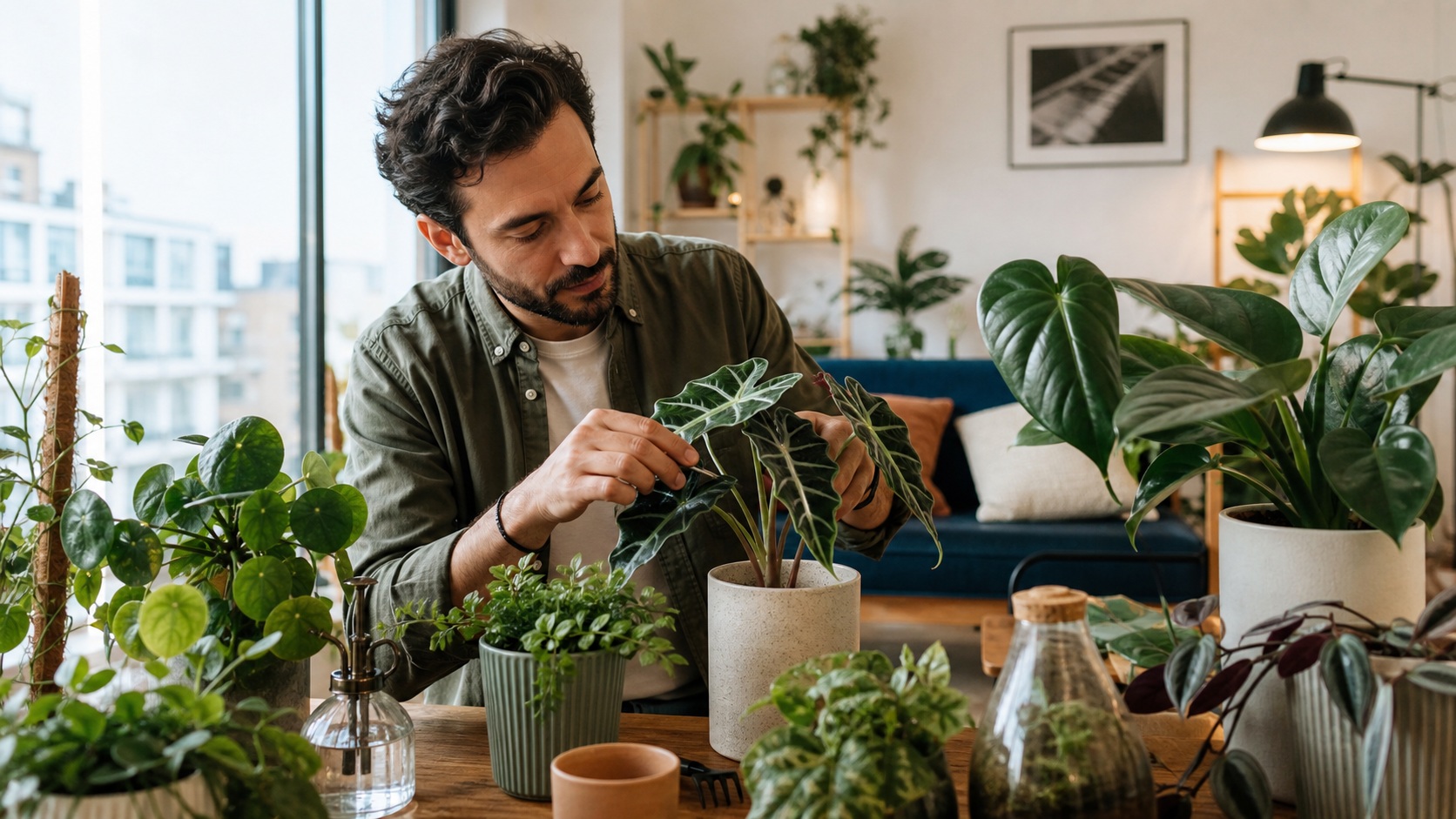 Man tending potted houseplants in a bright room with shelves and city windows.