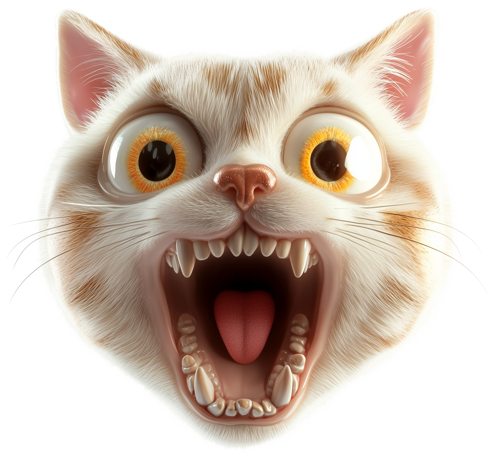 Wide-eyed cartoon cat face with open mouth and beige fur.