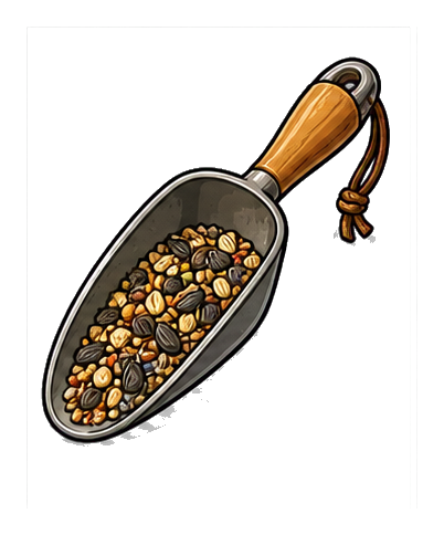 A metal garden scoop filled with assorted seeds and a wooden handle