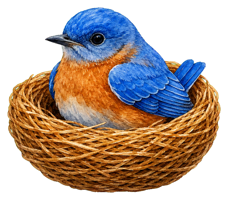 Blue watercolor bird sitting in a woven nest sticker graphic
