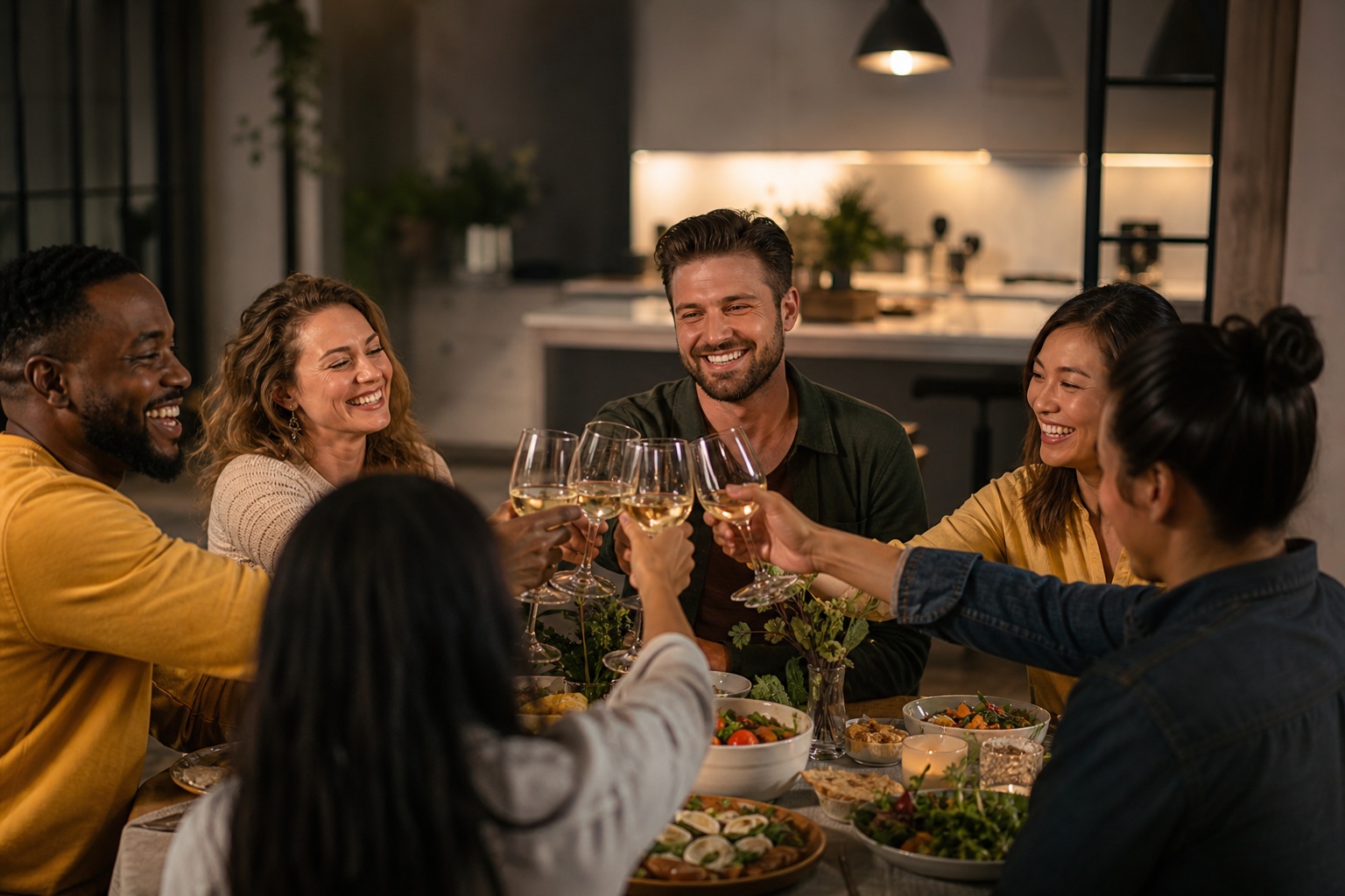 Group of friends gathered around a dinner table raising glasses in a warm dining room