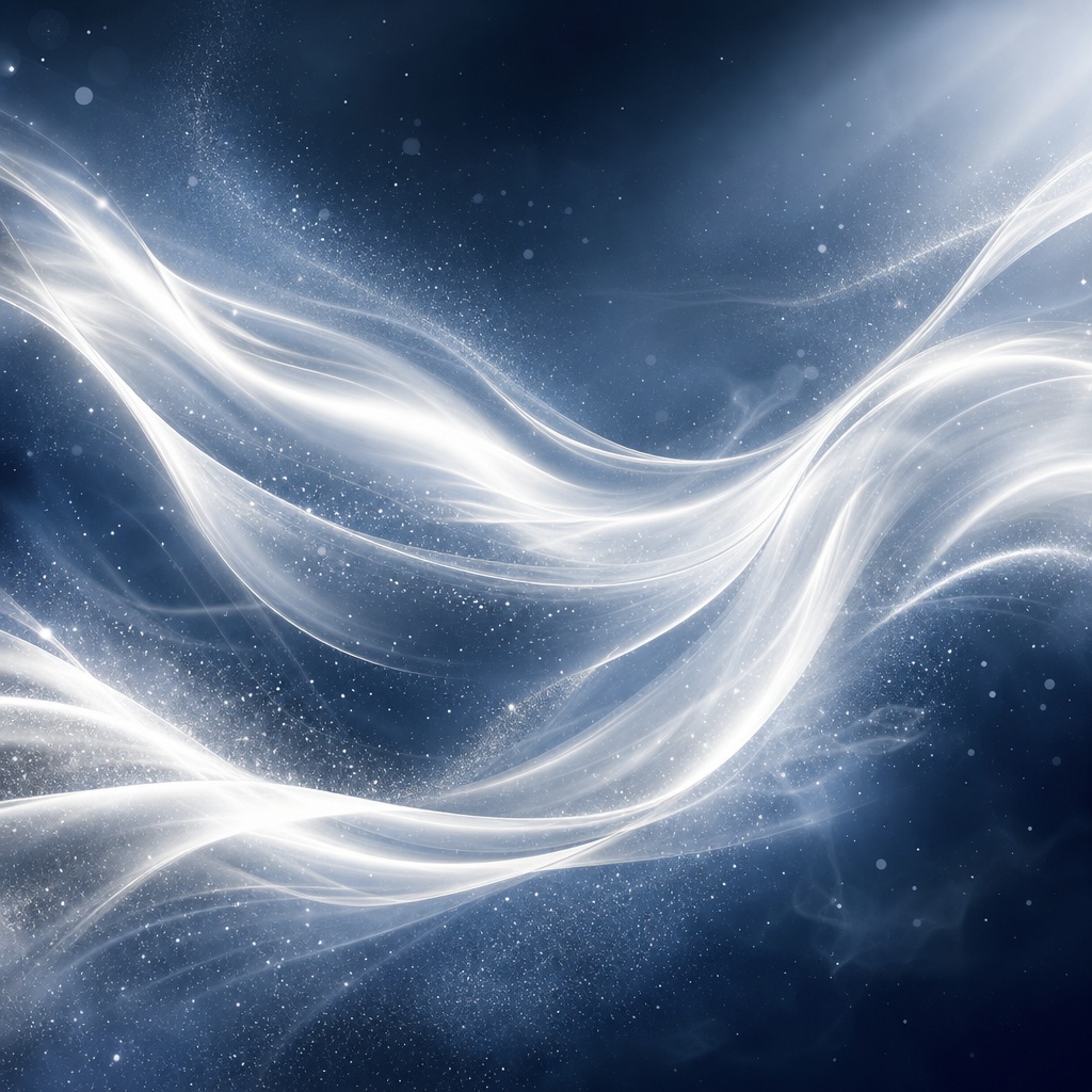 Flowing white light ribbons on a dark blue abstract background