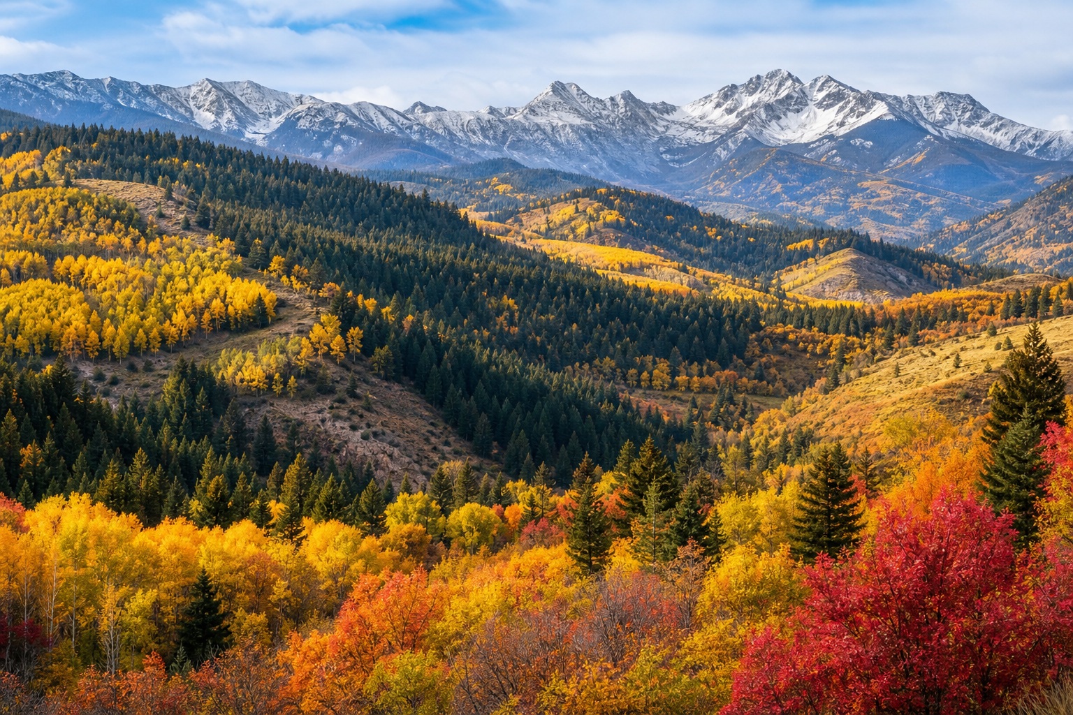 Autumn mountain valley with golden trees, red foliage, and snowy peaks in the distance.