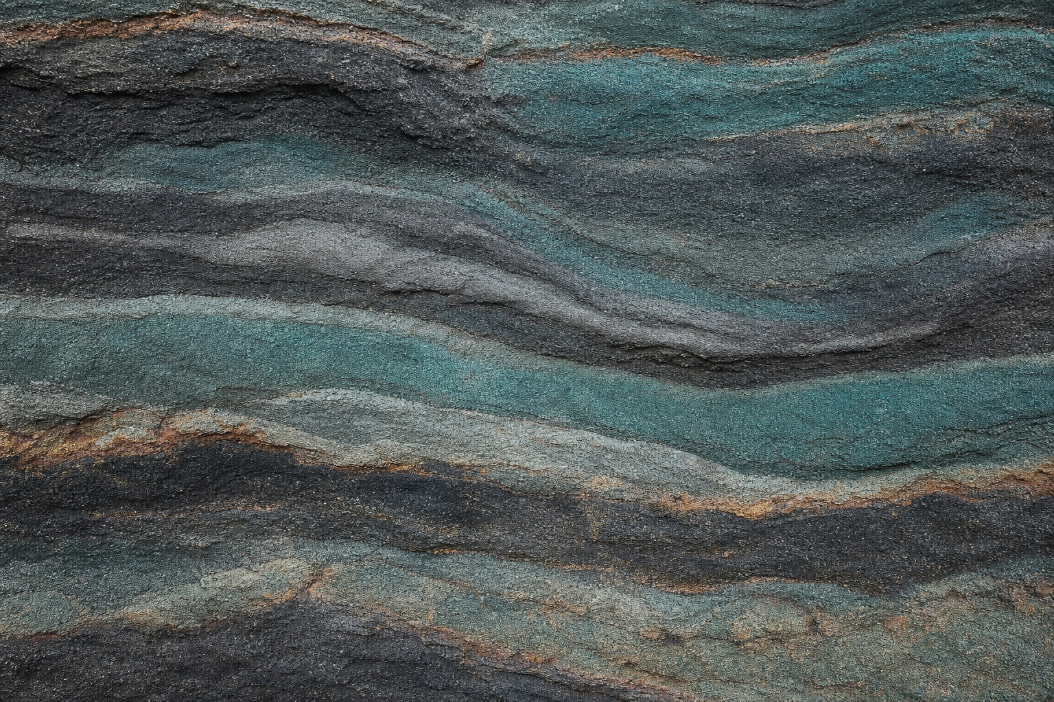 Layered teal, charcoal, and rust-toned sediment bands with a textured stone surface