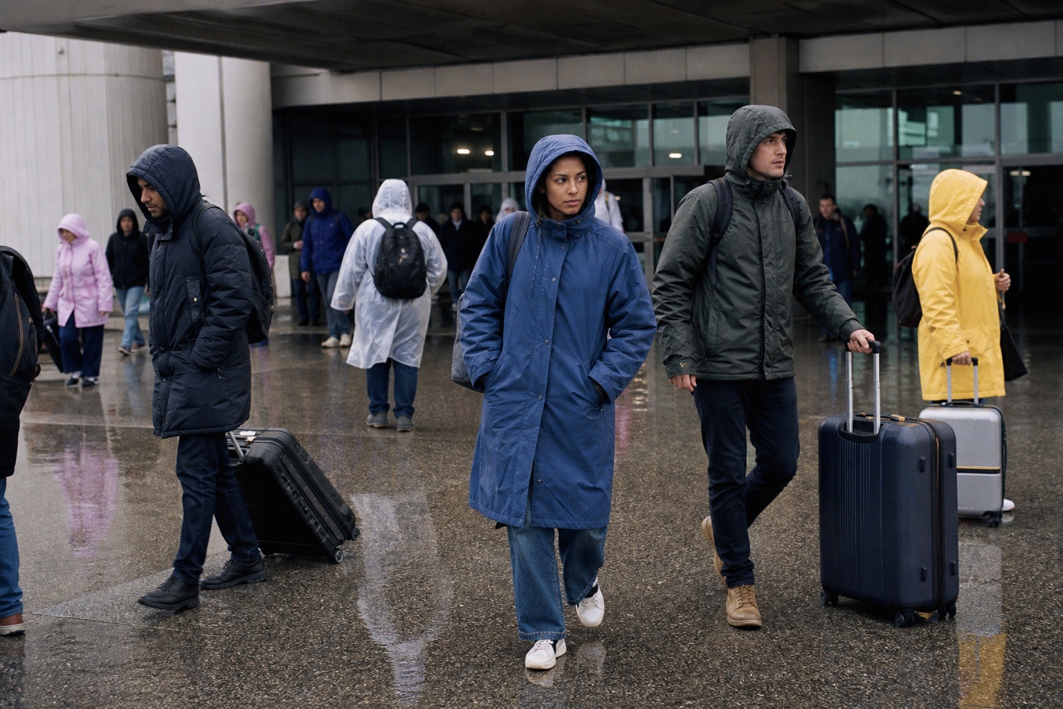 People in raincoats walking through a rainy transit terminal with rolling luggage.