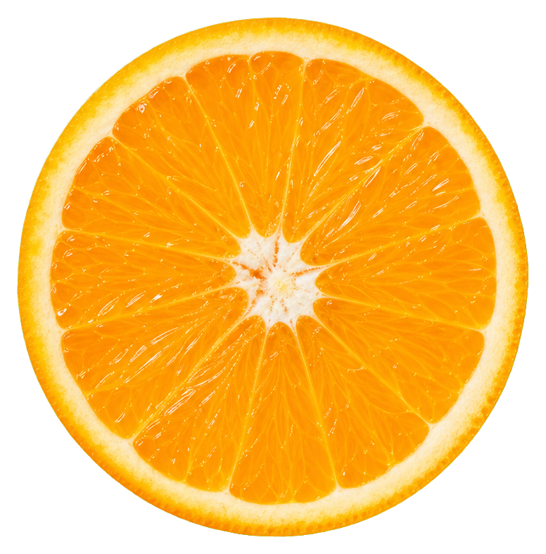 A realistic orange slice with bright orange segments and pale rind on a white background.