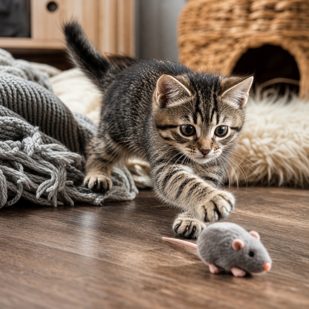 A curious tabby kitten reaching toward a small toy mouse on a wooden floor.