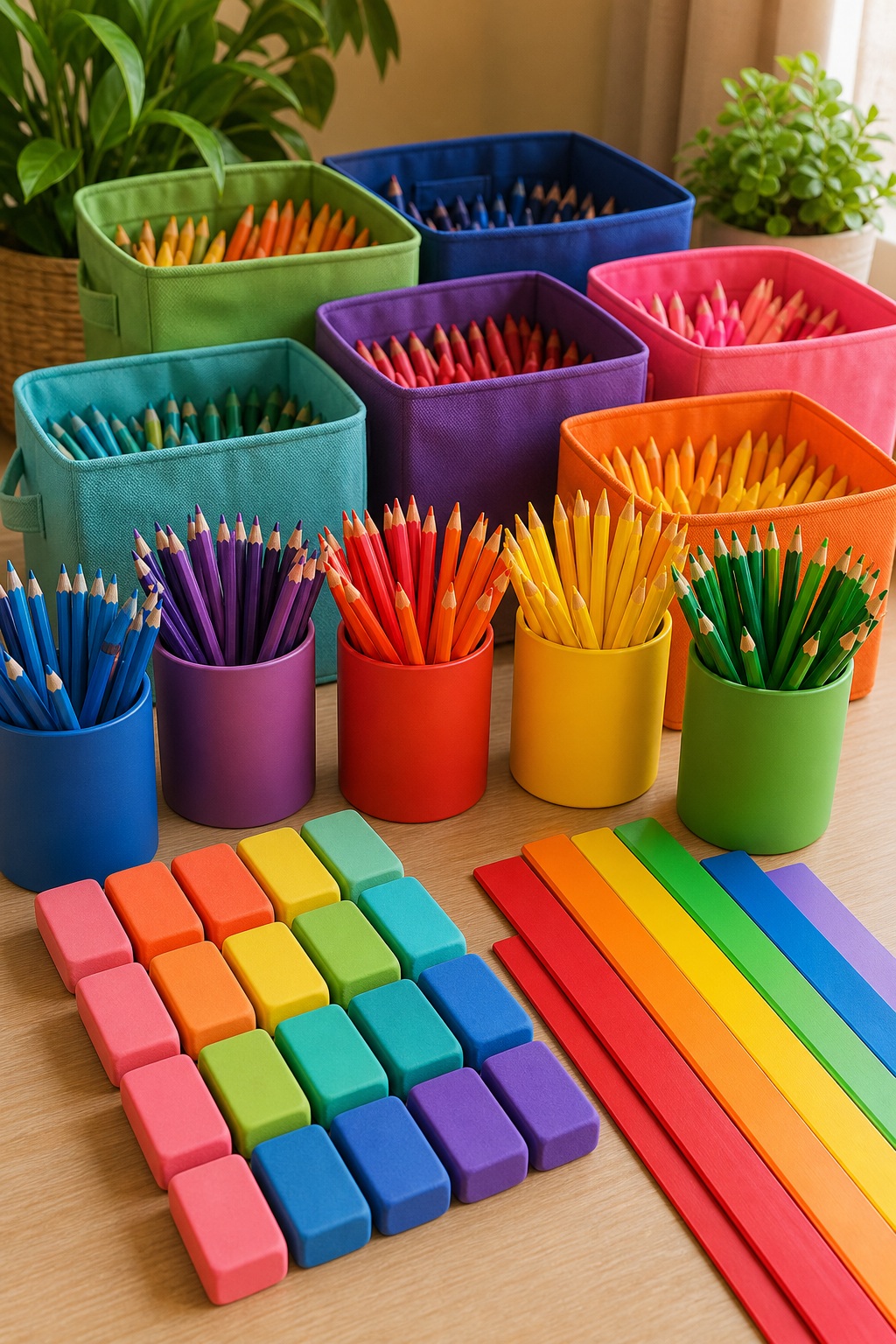 Colorful containers of pencils, crayons, and blocks arranged beside rainbow strips on a table