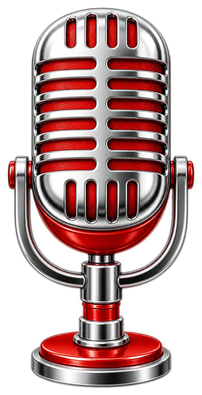 Red and silver vintage microphone sticker on a stand
