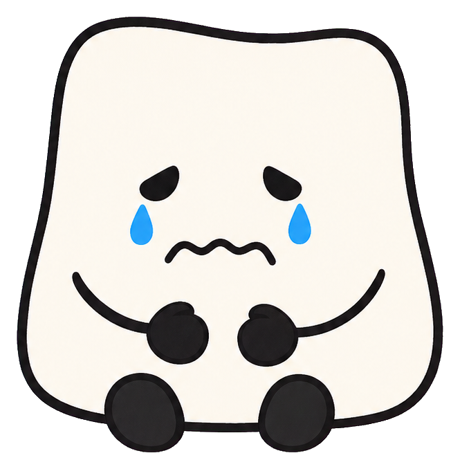 Cute sad character with tears, a wavy mouth, and sitting pose