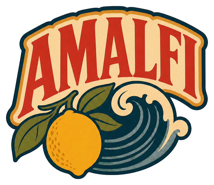 Retro Amalfi text sticker with a lemon and blue wave illustration
